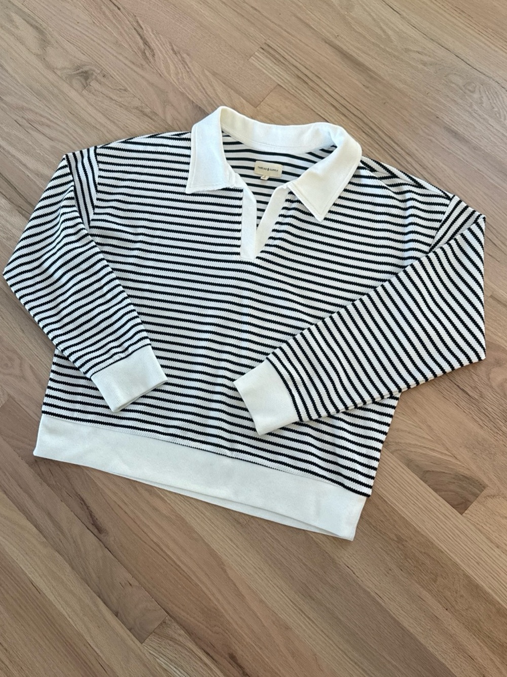 Thread & Supply Sweater Womens White Black Stripe Collared Pullover Large
